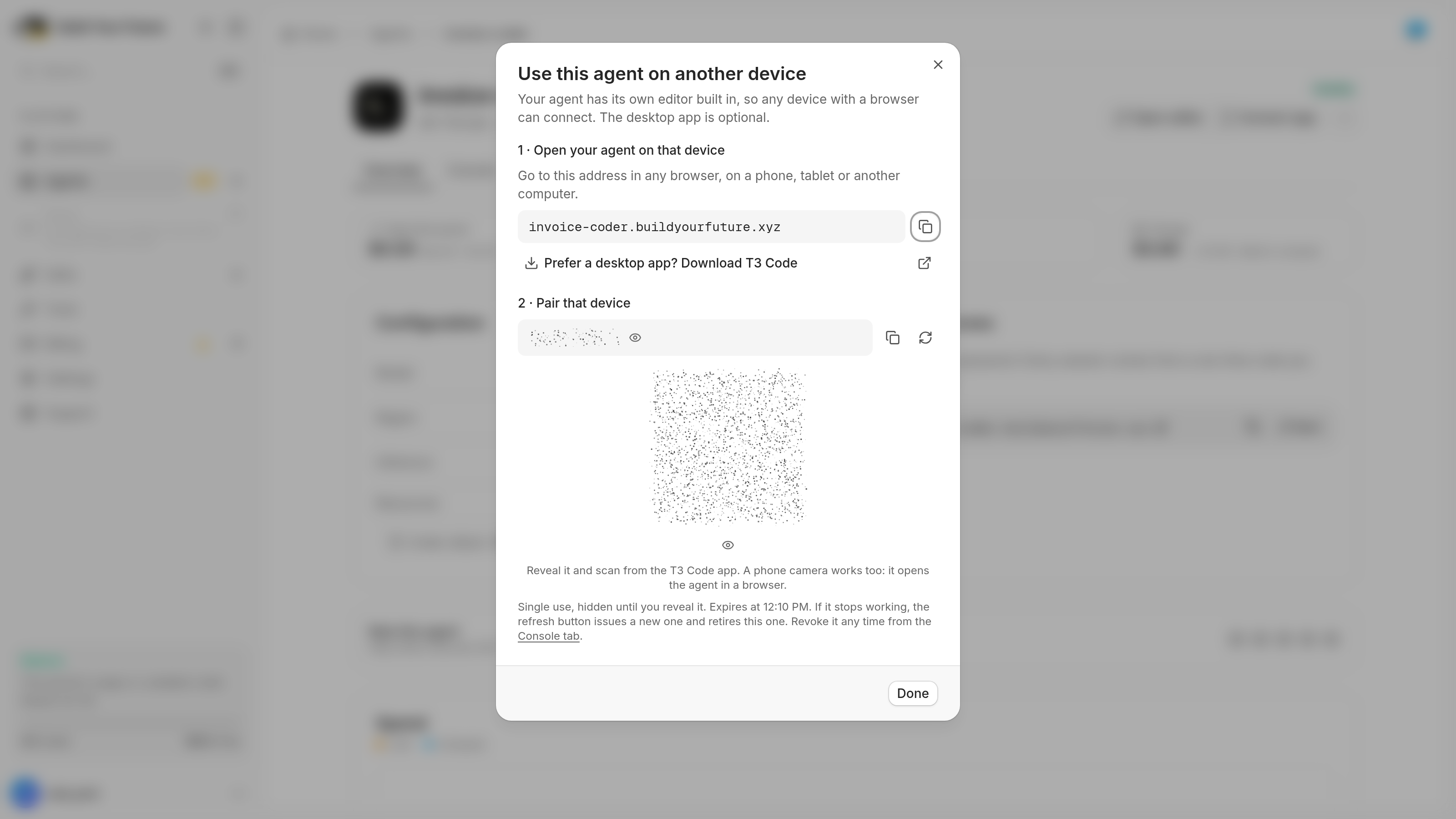 The Connect app dialog: the agent's address to open on another device, a link to download the T3 Code desktop app, and a pairing code and QR code, both hidden until revealed