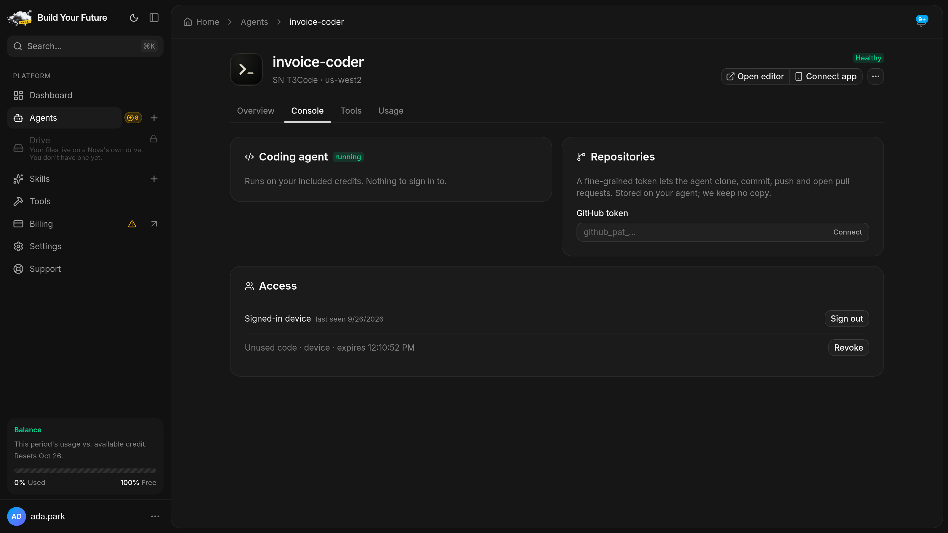 The agent's Console tab: the coding agent running on included credits, a GitHub token field under Repositories, and the list of signed-in devices