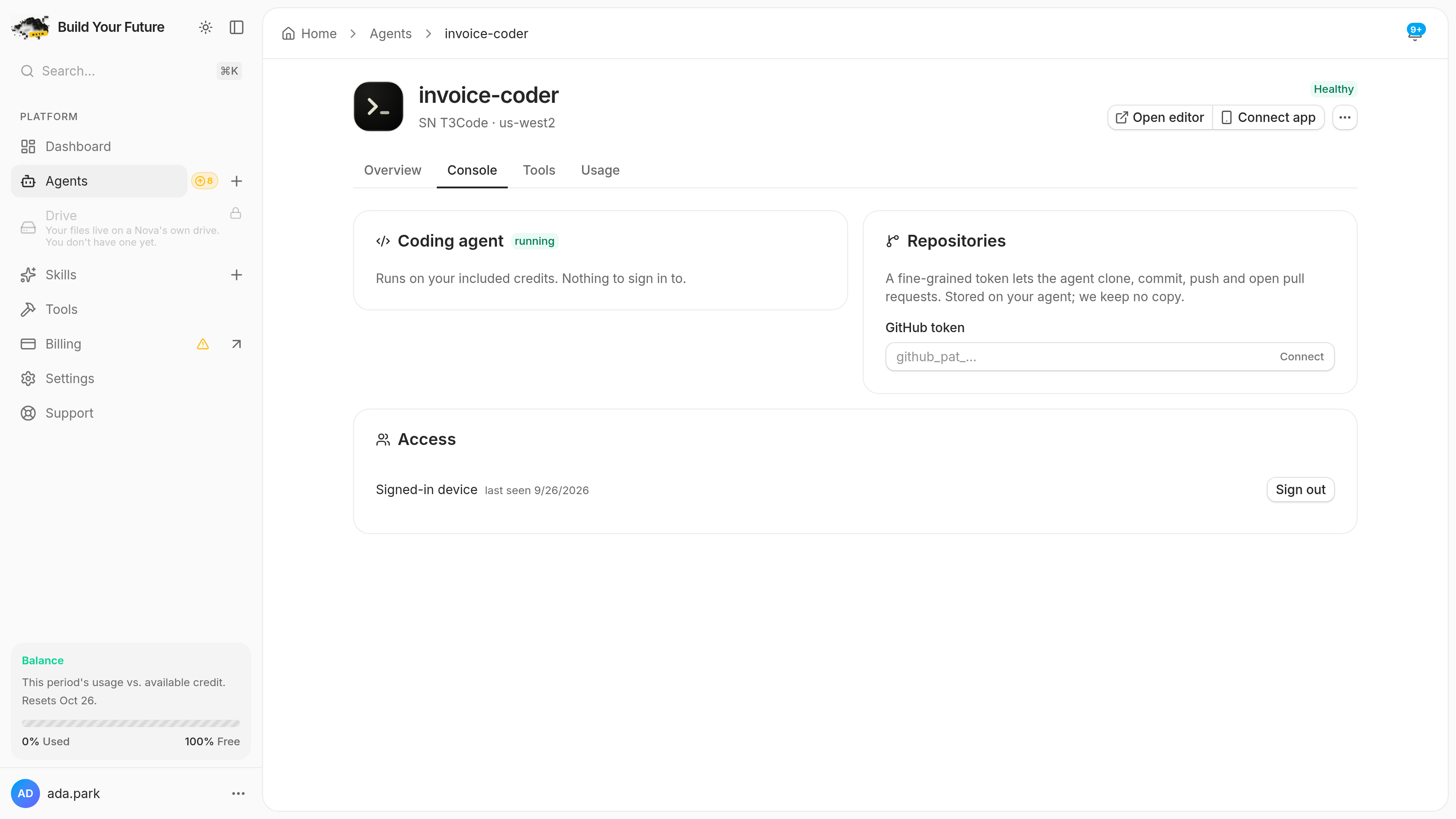 The agent's Console tab: the coding agent running on included credits, a GitHub token field under Repositories, and the list of signed-in devices