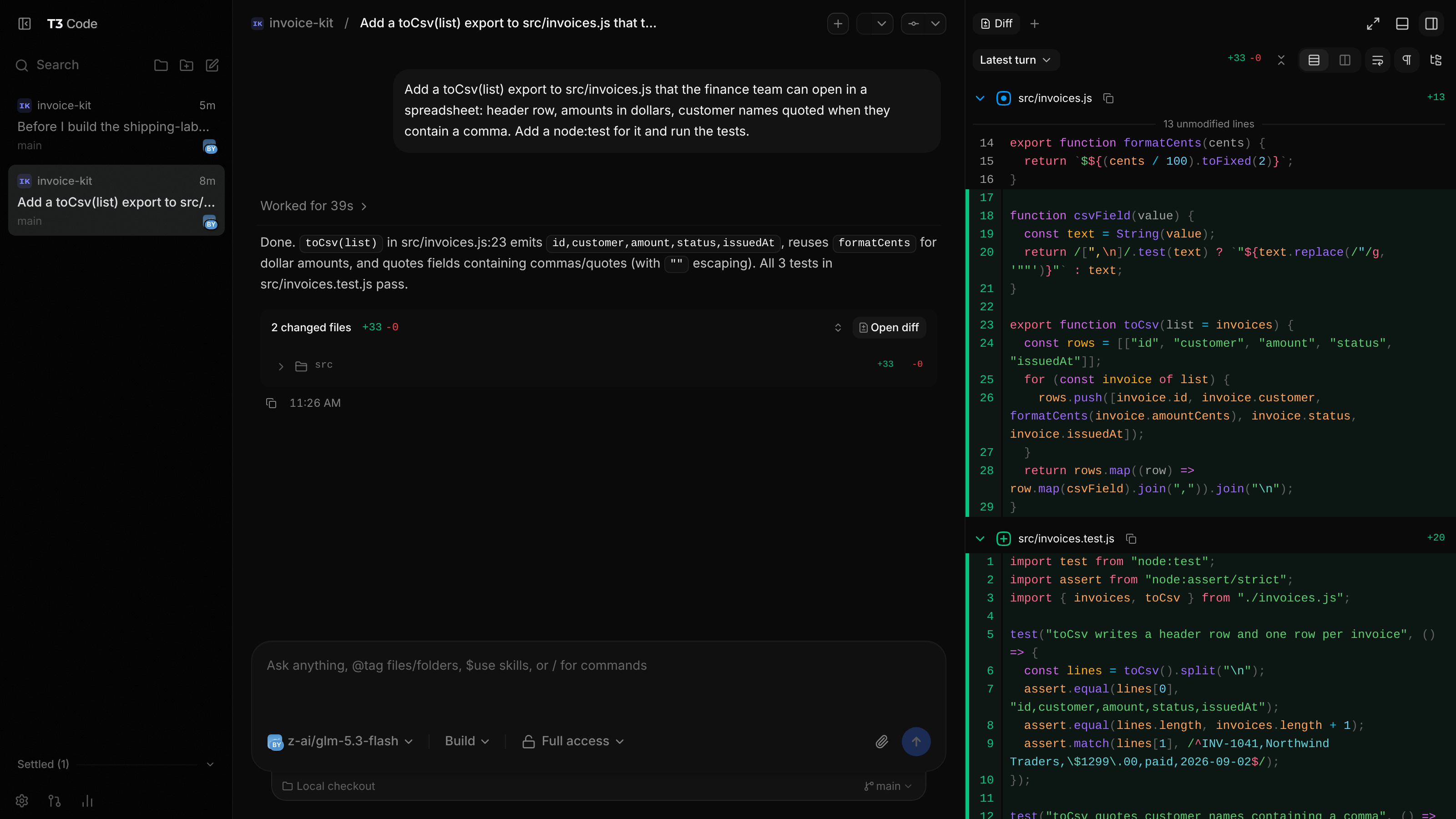 T3 Code running on an SN T3Code agent: a finished thread that added a CSV export with tests, and the diff it produced open beside it