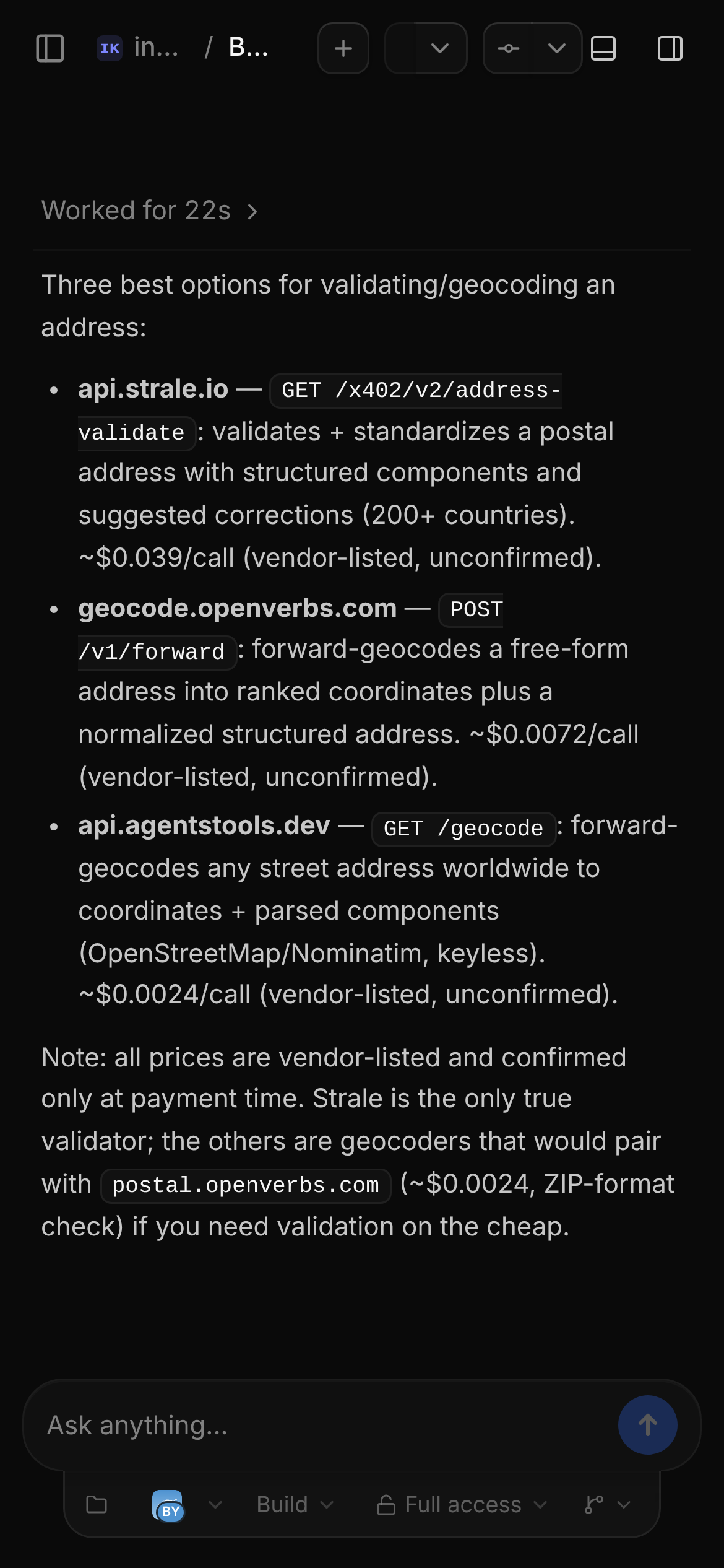 The same SN T3Code agent on a phone-sized screen, showing a finished thread's answer and the composer with BYF selected