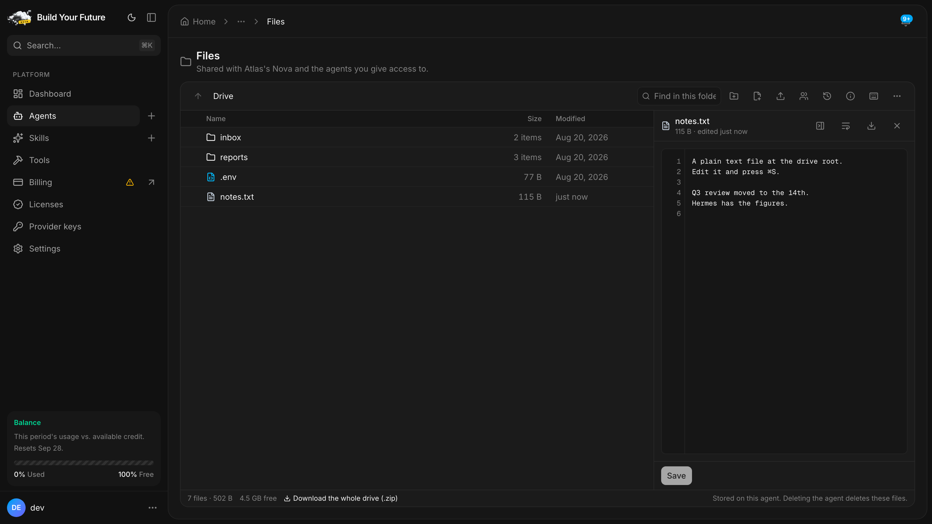 A text file open for editing in the pane, with a line-number gutter down the left of the buffer and save controls in the pane header