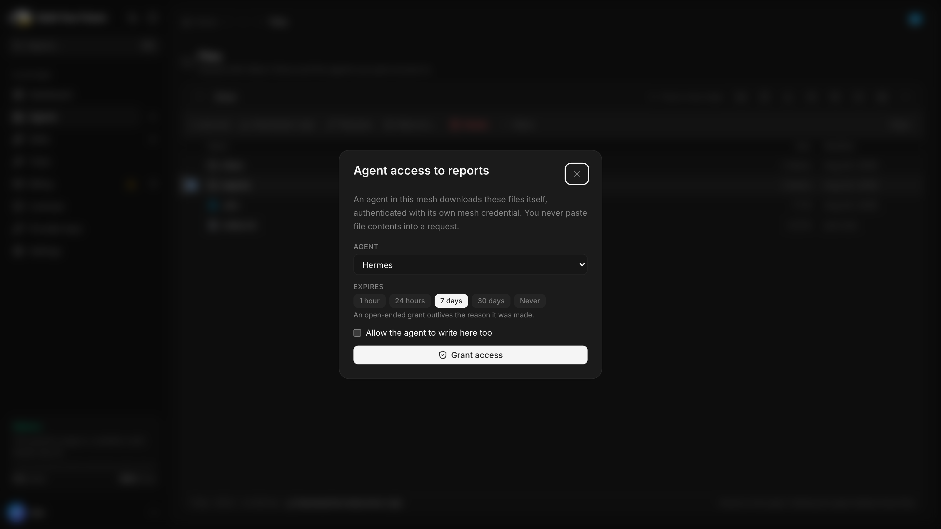 The Agent access to reports dialog: an agent picker set to Hermes, expiry choices from one hour to never, an unticked box allowing the agent to write, and a Grant access button