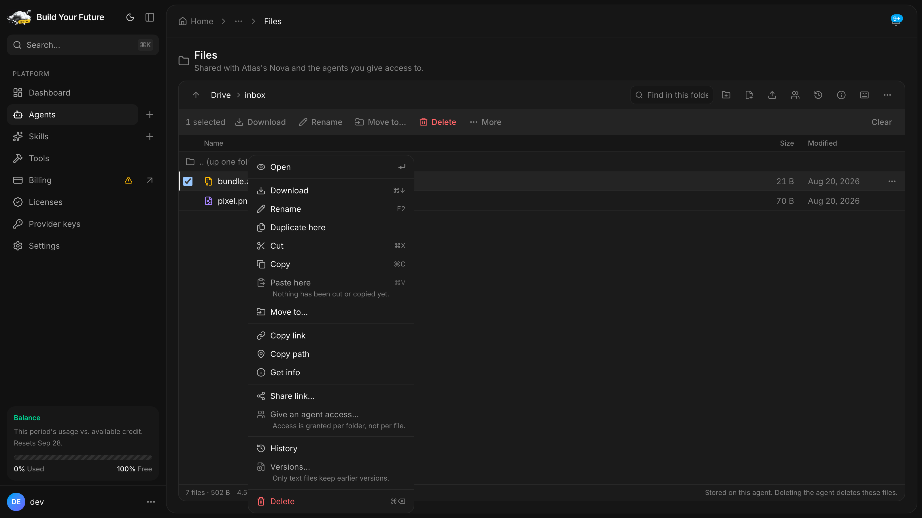 A right-click menu on a zip file, with Paste here, Give an agent access and Versions all greyed out, each showing the reason it cannot run