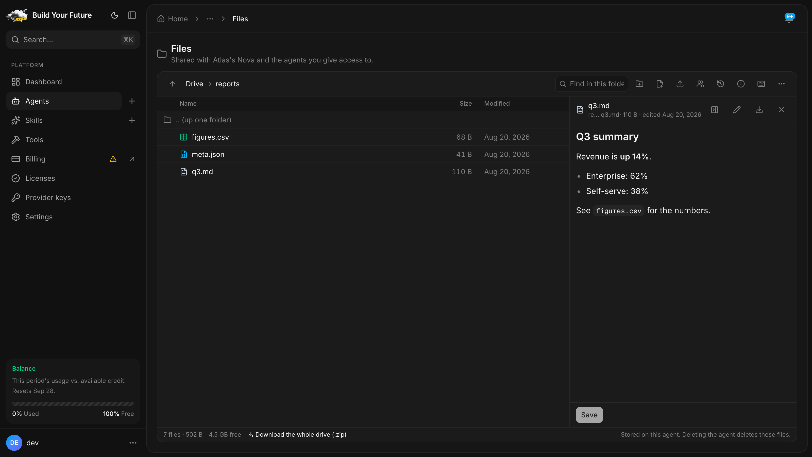 The reports folder listed on the left with q3.md open in a pane on the right, rendered as markdown with a heading, bold text and a bulleted list