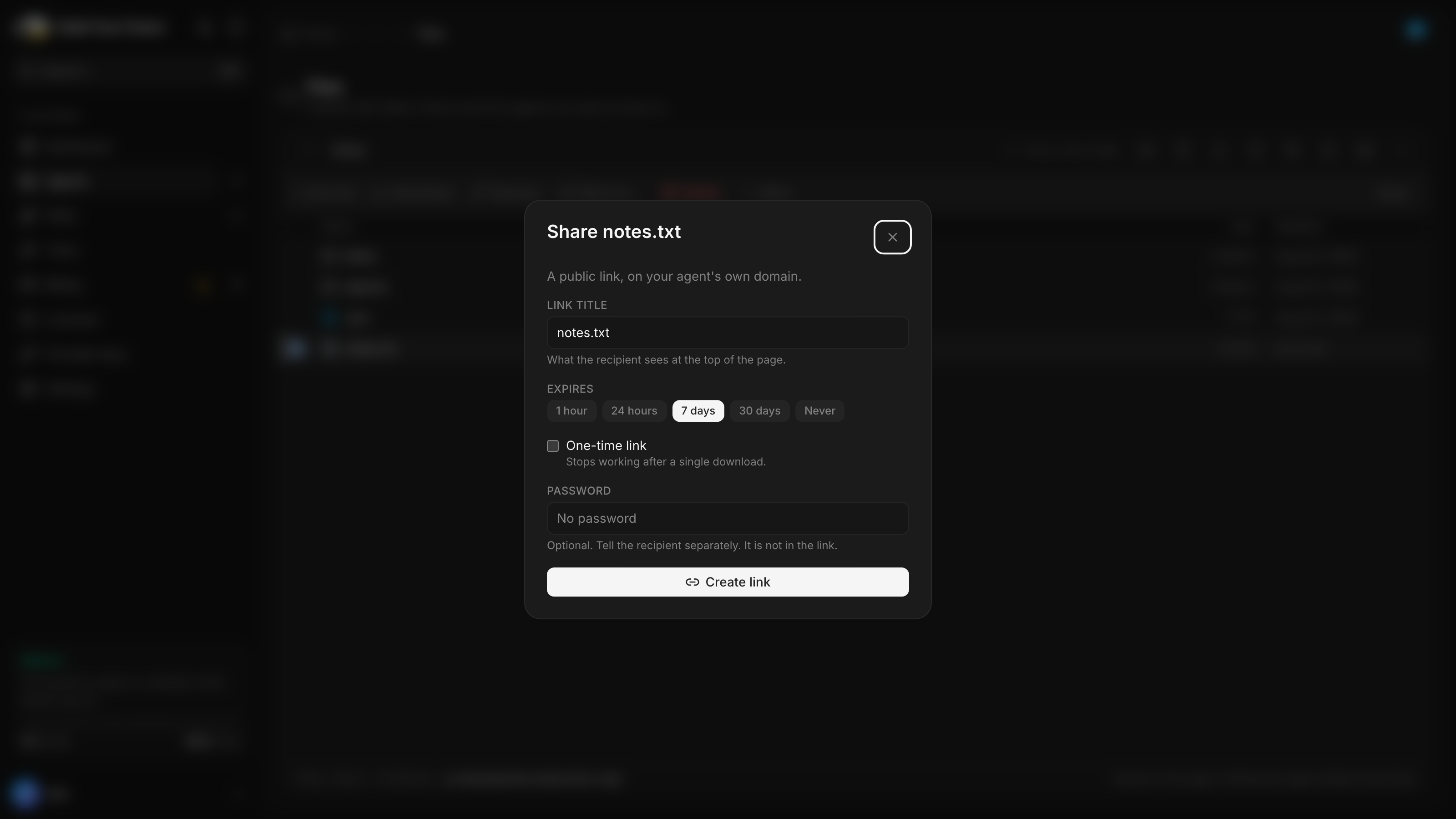 The Share notes.txt dialog: a link title, expiry choices from one hour to never, a one-time link tick that stops the link after a single download, and an optional password