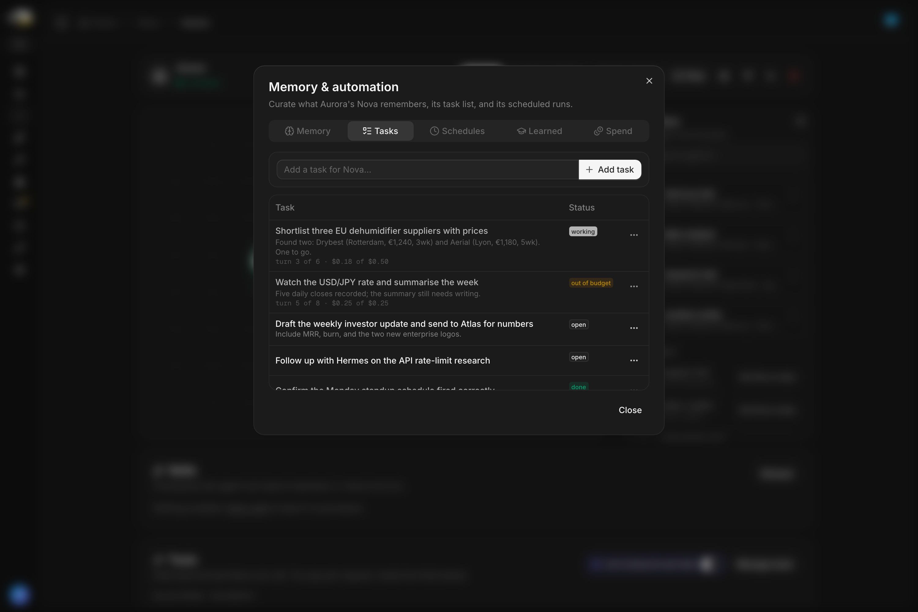 The Tasks panel: one task working with its progress note, three turns of six used and 18 cents of a 50 cent budget spent; below it a task stopped with an out of budget badge