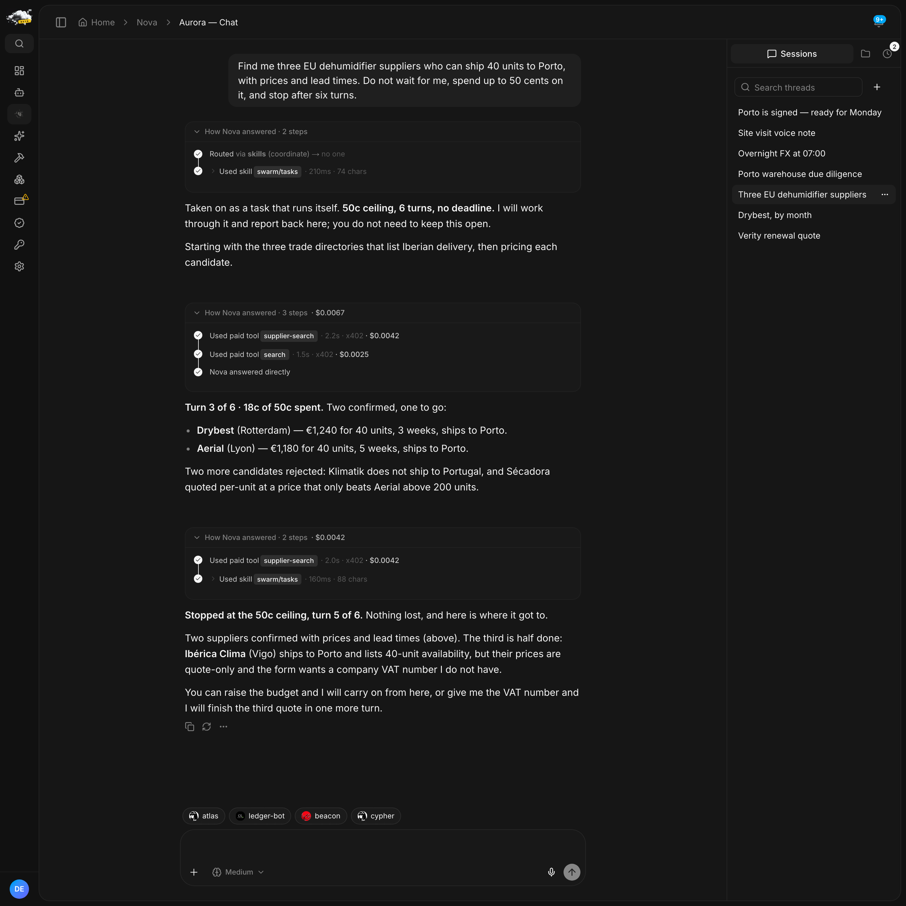 A chat where Nova takes on a supplier search as a task that runs itself, reports progress at turn three, then stops at its 50 cent ceiling with two suppliers confirmed