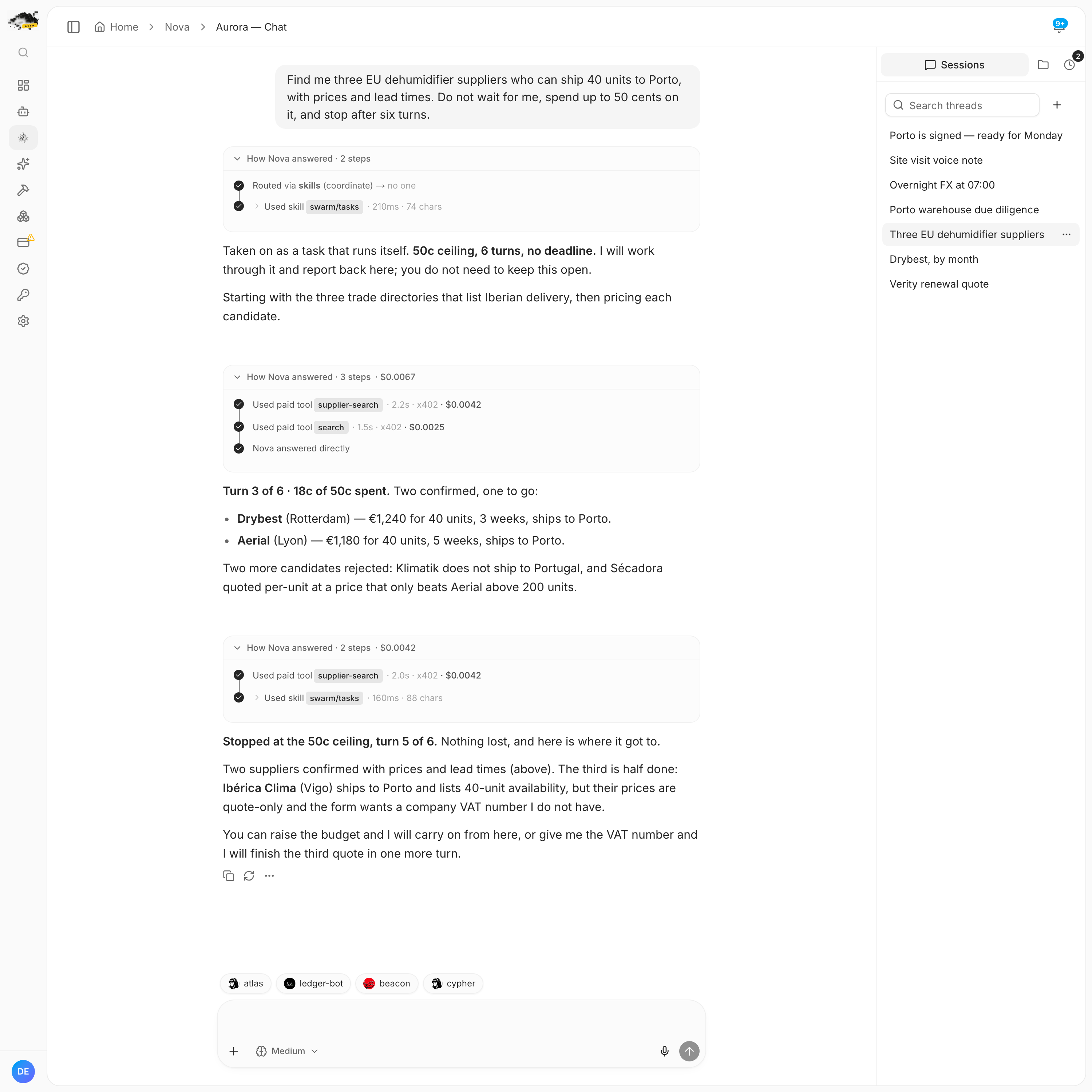 A chat where Nova takes on a supplier search as a task that runs itself, reports progress at turn three, then stops at its 50 cent ceiling with two suppliers confirmed