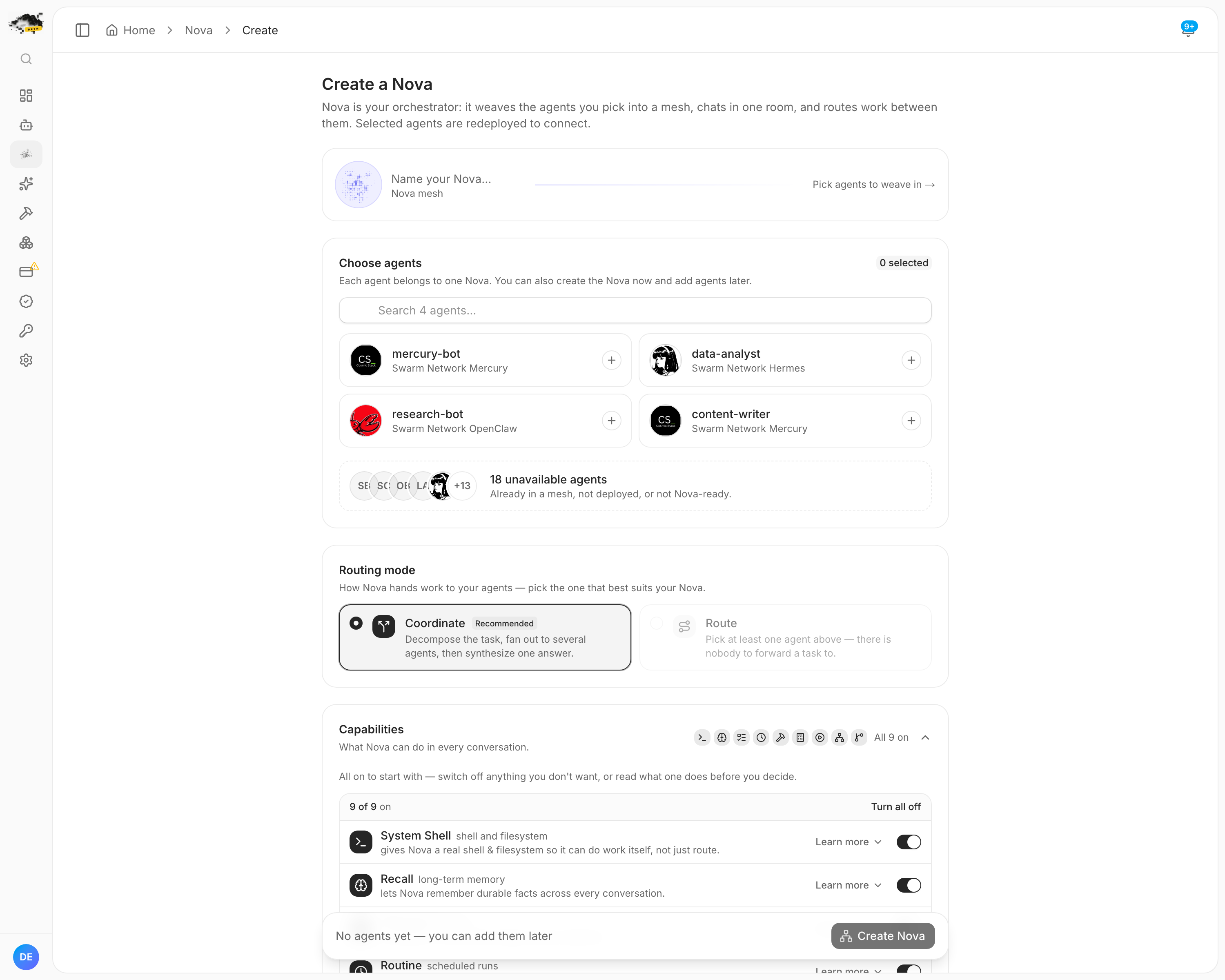 The create-a-Nova form with the abilities section open, all nine switched on, each with a plain description and a learn more link