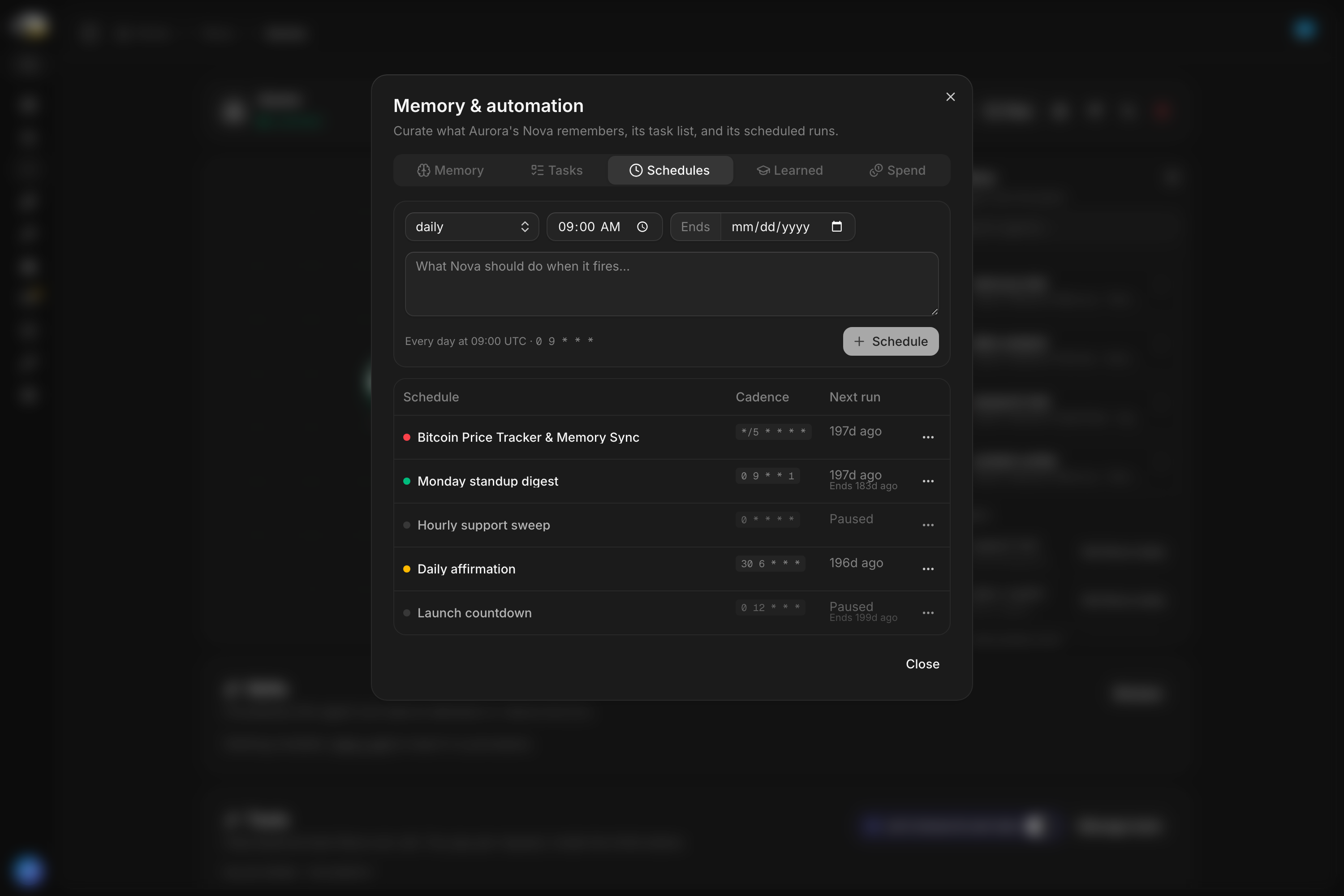 The Schedules panel listing recurring prompts with their rhythm, when each last ran and when it runs next