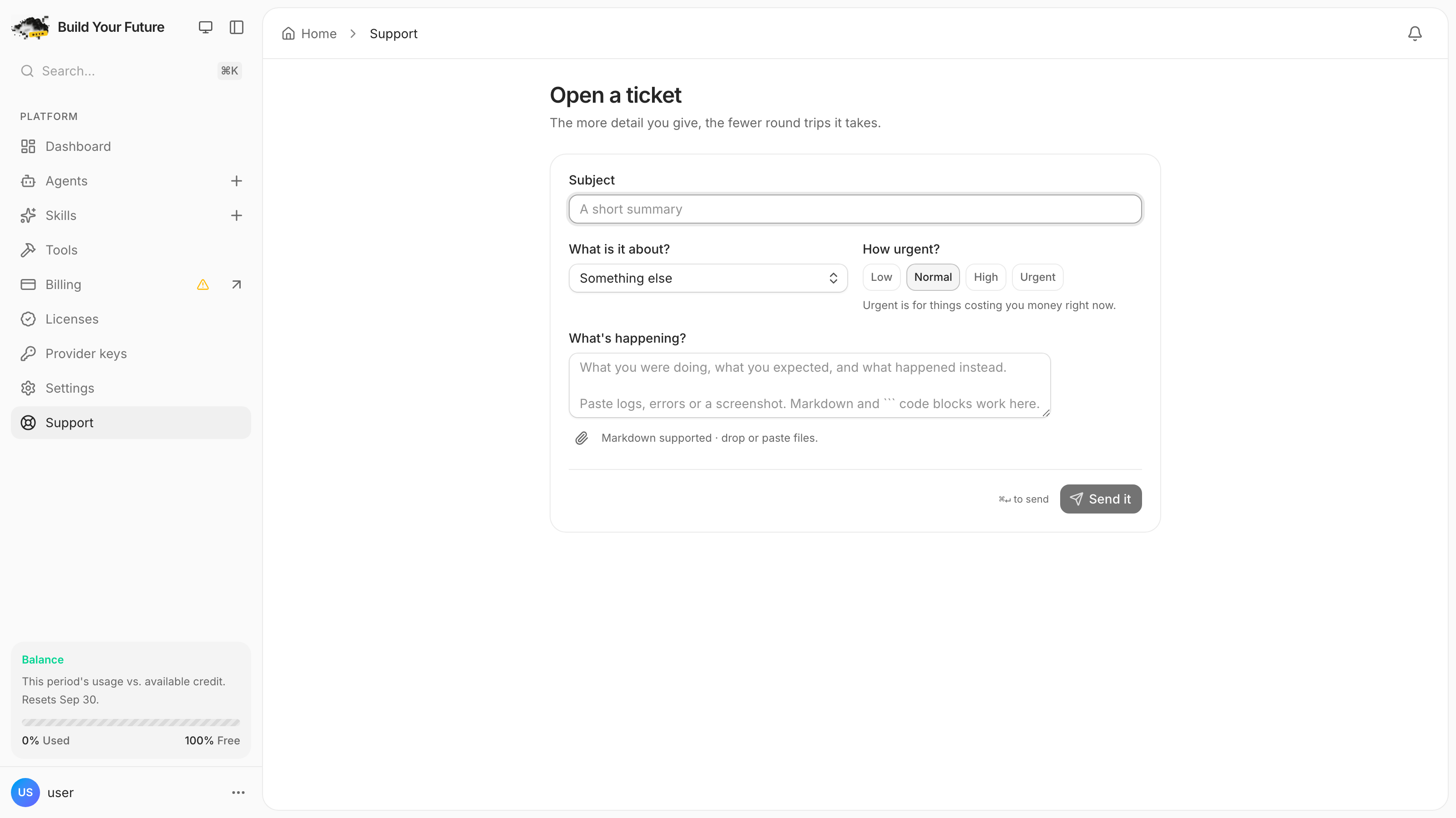 The Open a ticket form: subject, category, four urgency levels from Low to Urgent, and a message field that accepts Markdown, drag-and-drop and pasted files