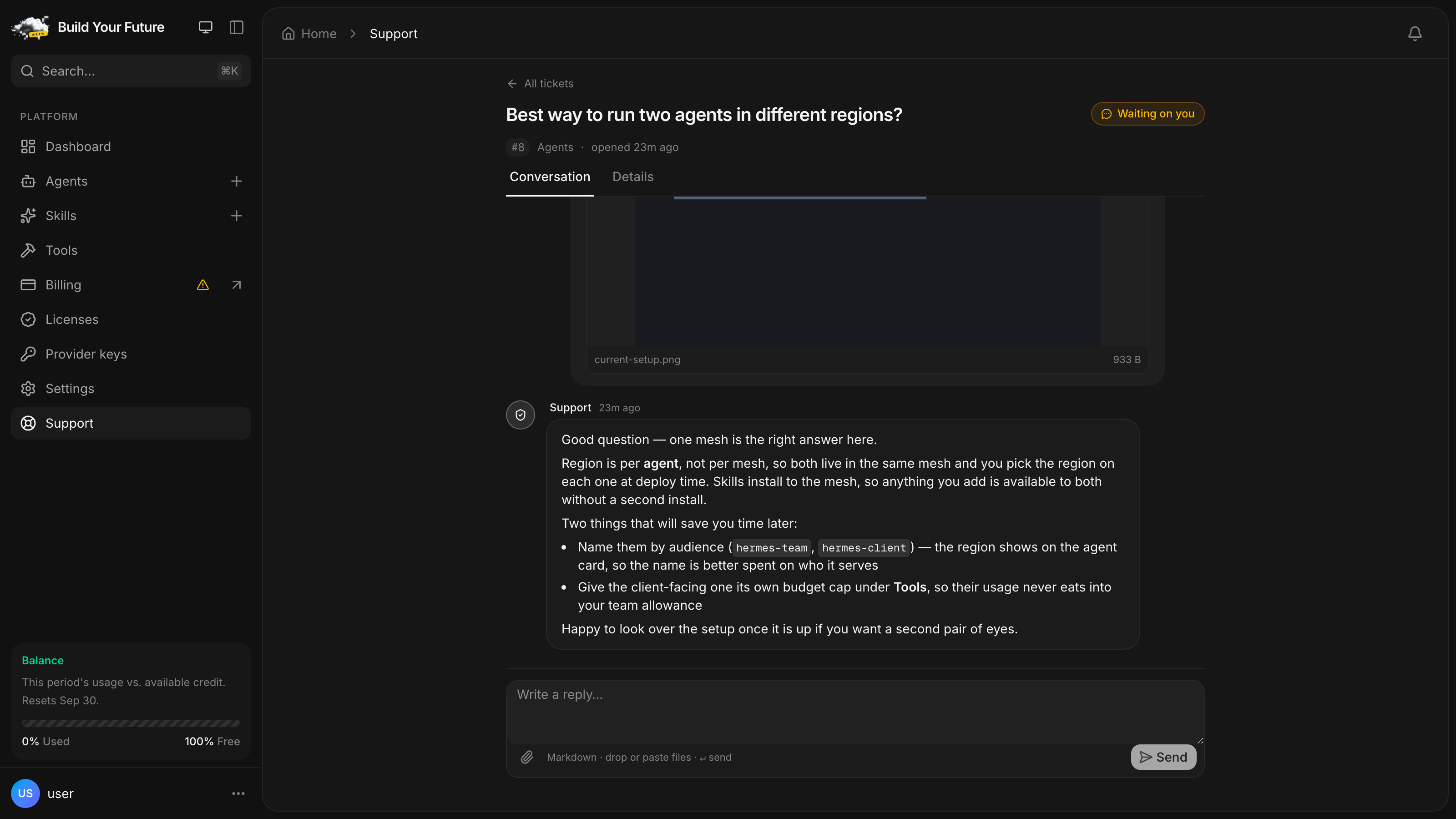 A support ticket asking how to run two agents in different regions, with a screenshot attached and a detailed reply from Support explaining meshes, regions and per-agent budget caps
